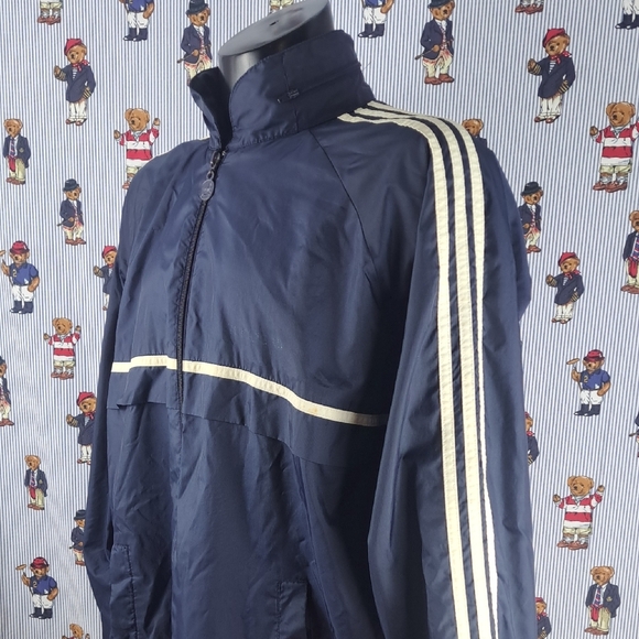 Vintage  Adidas 3 stripe sleeve hooded  navy & white XL windbreaker jacket - Picture 1 of 9